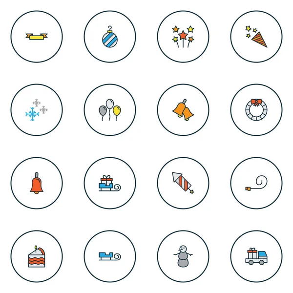 Yeni simgeler kutlamaları havai fişek, parti blower, çan ve diğer Noel öğeleri ile Ayarla satır renkte. İzole vektör çizim yeni simgeler.