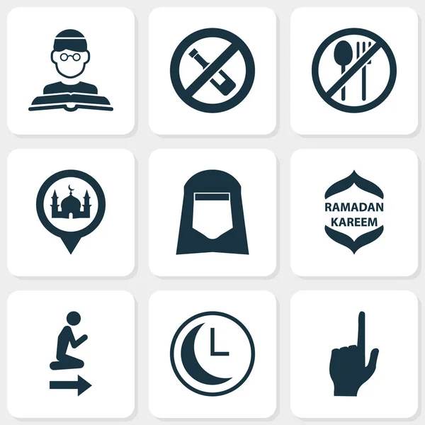 Ramadán ikony nastavit Imám, kareem, hodiny a jiné prvky místo. Izolované vektorové ilustrace ramadánu ikony. — Stockový vektor