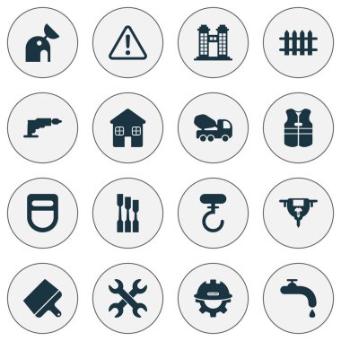 İnşaat simgeler Gözlemevi, yelek, anahtarları ve diğer cityscape öğeleri ile ayarlayın. İzole illüstrasyon inşaat simgeler.