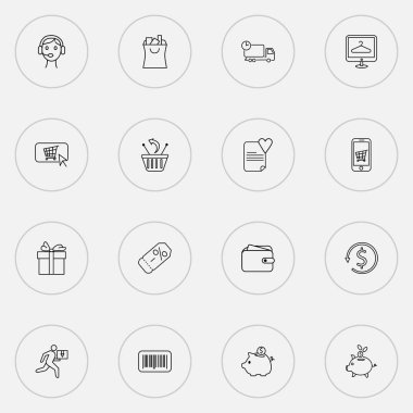 E-ticaret simgeler stil dilek listesi, cüzdan, kumbara ve diğer online alışveriş öğeleri kümesi satır. İzole illüstrasyon e-ticaret simgeler.