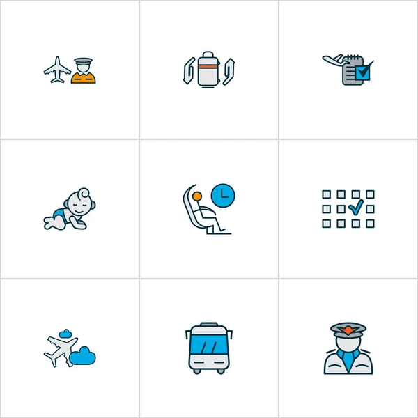 Icone dell'aeroporto linea colorata set con il lavoratore dell'aeroporto, autobus, baby room e altri elementi pilota. Isolate icone dell'aeroporto illustrazione . — Foto Stock