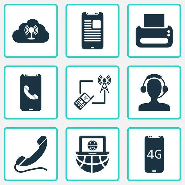 Telecommunication icons set with printer, laptop communication, cloud access point and other call center elements. Isolated  illustration telecommunication icons.