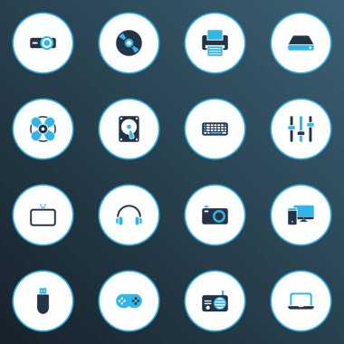 Teknoloji simgeleri kamera, ayarı, cd ve diğer kompakt disk öğeleri kümesiyle renkli. İzole vektör çizim teknoloji simgeleri.