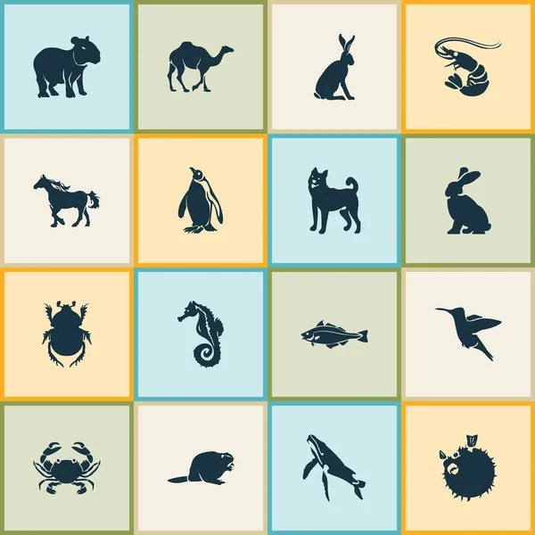 Dierentuin pictogrammen ingesteld met konijn, capibara, walvis en andere elementen van de dromedaris. Geïsoleerde vector illustratie dierentuin pictogrammen. — Stockvector