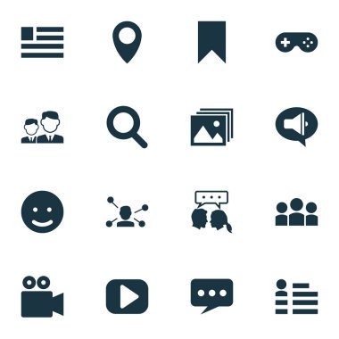 Yer işaretiyle ayarla Internet simgeleri teşvik, sohbet ve diğer kişisel veri öğeleri. İzole resimde Internet simgeleri.