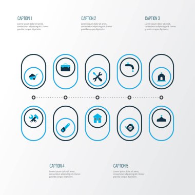 İnşaat simgeler kümesi case, inşaat el arabası, anahtar ve diğer Katolik elemanları ile tornavida ile renkli. İzole illüstrasyon inşaat simgeler.