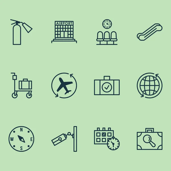 Icone da viaggio con irrigatore, sala d'attesa, scala mobile e altri elementi di ricerca bagagli. Isolate icone di viaggio illustrazione . — Foto Stock