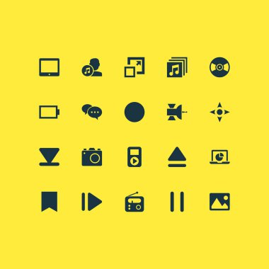 Multimedya simgeler fotoğraf aparatları, Duraklat, aşağı ok ve sohbet diğer öğeleri ile ayarla. İzole illüstrasyon multimedya simgeler.