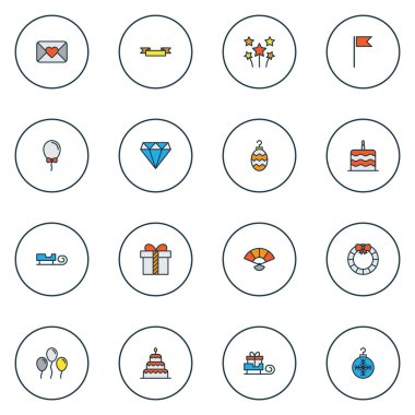 Mutlu simgeler renkli çizgi Noel top, biblo, afiş ve diğer parlak öğeleri ayarla. İzole illüstrasyon mutlu simgeler.