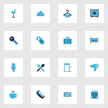 Otel simgeler kümesi Asansör, yemek, gıda ve diğer bavul öğeleri ile renkli. İzole illüstrasyon otel simgeler.