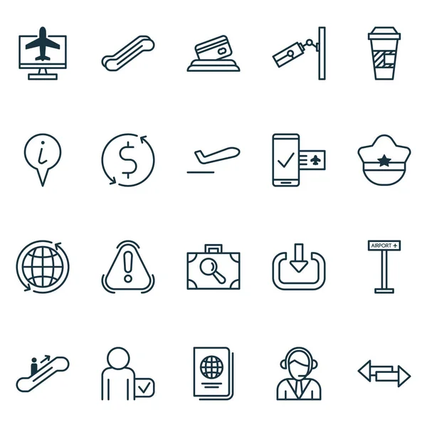 Reisesymbole mit Richtungspfeilen, mobiler Buchung, Call Center und anderen Flugzeug-Informationselementen. isolierte Illustration reisende Ikonen. — Stockfoto