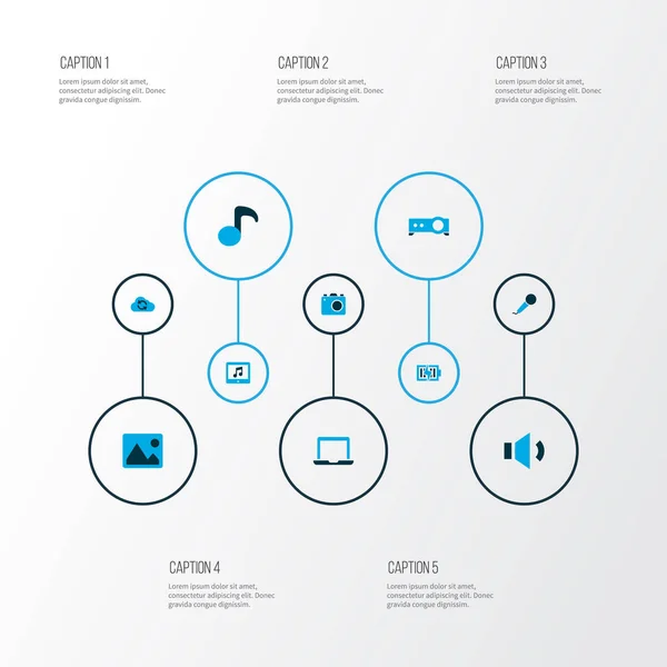 Icone multimediali colorate con immagini, sincronizzazione, karaoke e altri elementi cloud. Isolate icone dei media illustrazione . — Foto Stock