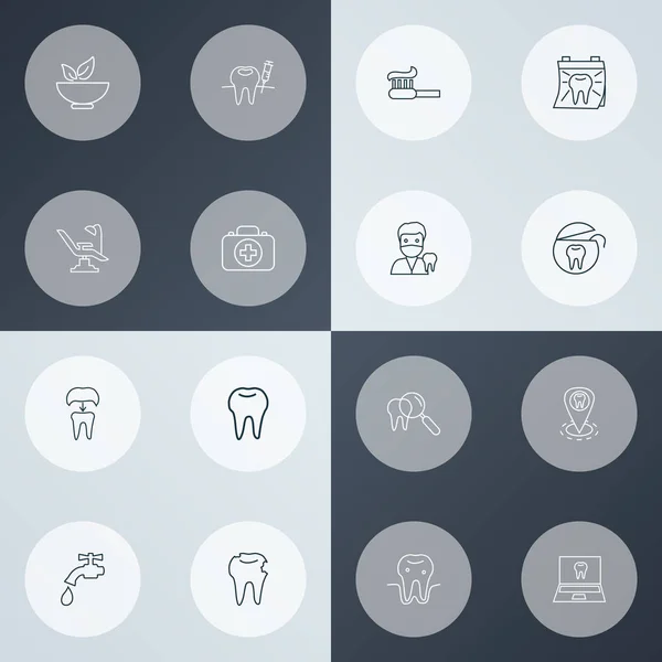 Fogfehérítés készlet fogat, gyógyszer, online fogorvos és timföld elemeivel ikonok vonalstílust. Elszigetelt illusztráció fogat ikonok. — Stock Fotó