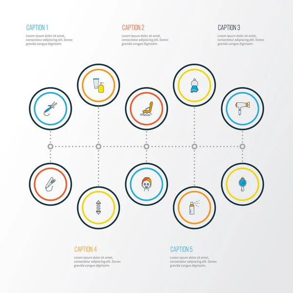Ícones de salão colorido linha definida com cadeira de barbeiro, ferro de ondulação, toalha e outros elementos peeper. Ícones de salão de ilustrações isolados . — Fotografia de Stock