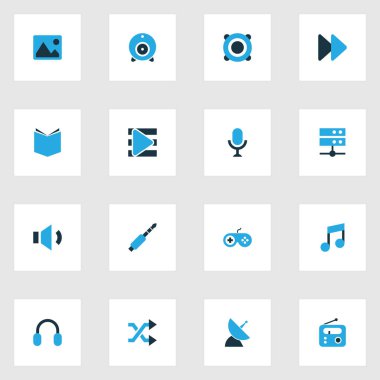 Multimedya simgeler kümesi ile çalma listesi, ders kitabı, müzik ve diğer resim öğeleri renkli. İzole vektör çizim multimedya simgeler.