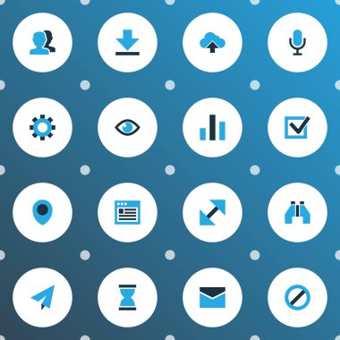 Posta, bul, mikrofon ve diğer sütun öğeleri kümesiyle renkli simgeler arabirim. İzole vektör çizim arayüzü simgeler.