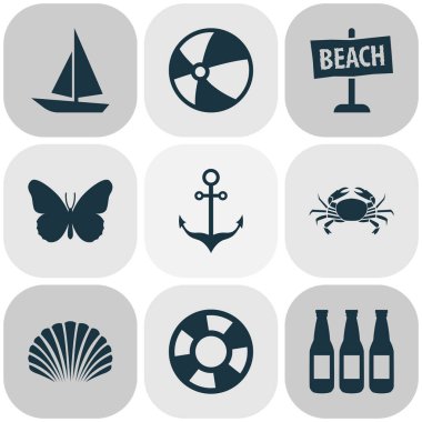 Sezon simgeler yengeç, top, plaj işareti ve diğer donatı elemanları ile ayarlayın. İzole vektör çizim sezon simgeler.