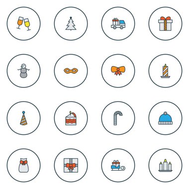 Christmas simgeleri satır kümesi kek parça, şeker kamışı, Festival maskesi ile Noel öğeleri renkli. İllüstrasyon izole vektör christmas Icons.