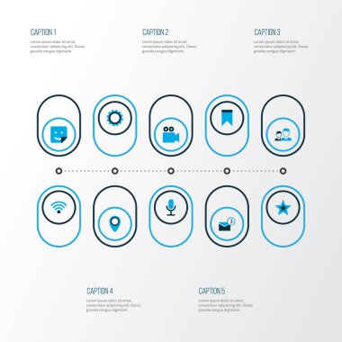 Medya Icons set ile kablosuz bağlantı, yıldız, flama ve diğer arkadaşlar öğeleri renkli. İzole vektör çizim medya simgeler.