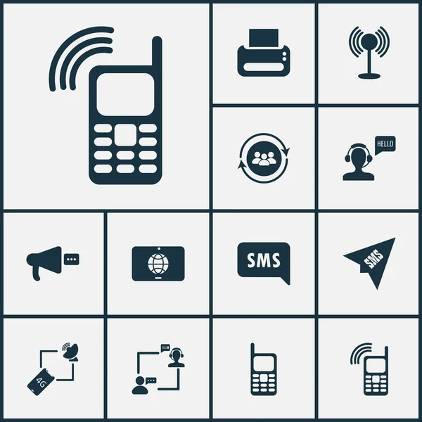 Conjunto de iconos de telecomunicaciones con enviar SMS, impresora, operador con el cliente y otros elementos del buzón. Iconos de telecomunicaciones de ilustración vectorial aislado . — Vector de stock