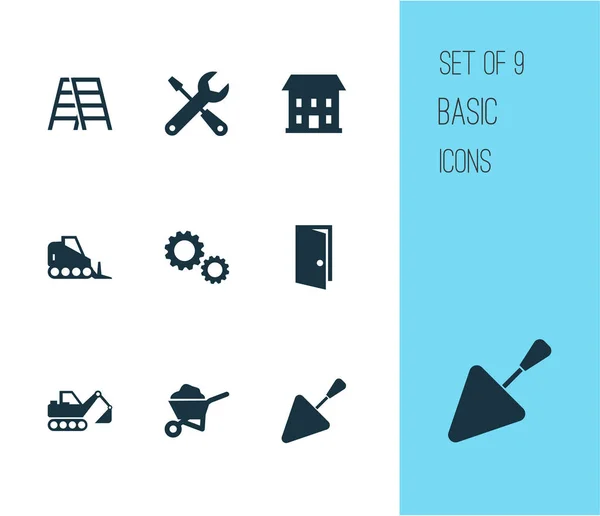 Conjunto de iconos de construcción con excavadora, herramientas, escalera y otros elementos de rueda dentada. Iconos de construcción de ilustración vectorial aislado . — Vector de stock