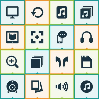 Multimedya Simgeler Galerisi, ekran, kulaklık ve diğer grup elemanları ile ayarlayın. İzole illüstrasyon multimedya simgeler.