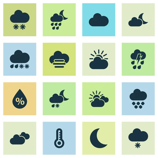 Icone climatiche con umidità, leggera pioggia di neve, tramonto e altri elementi di nuvole solari. Isolato illustrazione icone del clima . — Foto Stock