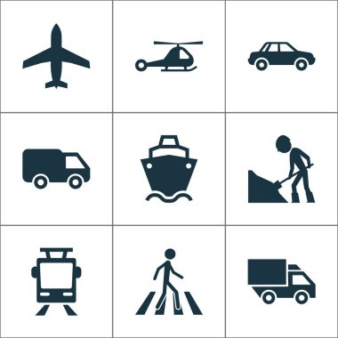 Kargo gemisi, uçak, tramvay ve yaya diğer öğeleri ile ulaşım Icons set. İzole vektör çizim ulaşım simgeler.