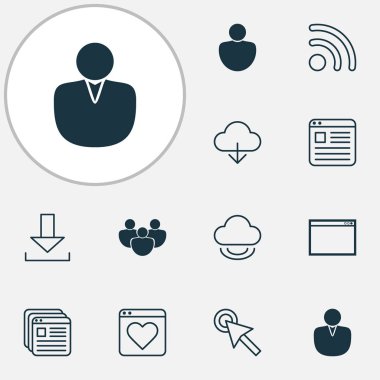 Kullanıcı profili, kablosuz bağlantı, bulut ve takip diğer öğeleri ile Internet Icons set. İzole vektör çizim Internet simgeleri.