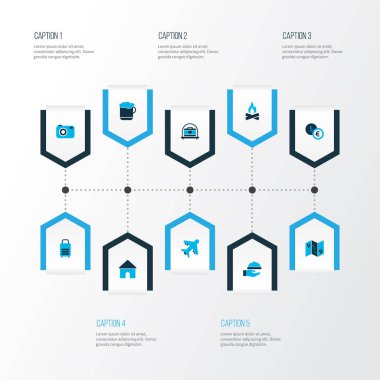 Gezi simgeler kümesi ile bira, ev, uçak ve diğer para birimi öğeleri renkli. İzole vektör çizim gezi simgeler.