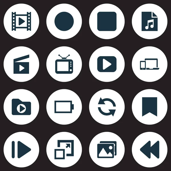 Icone multimediali con tv, stop, sincronizzazione e altri elementi televisivi. Isolato vettoriale illustrazione icone multimediali . — Vettoriale Stock