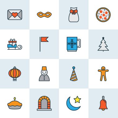 Mutlu simgeler renkli çizgi hediye çuval, çan, Noel hediye ve diğer Kupası öğeleri ile ayarla. İzole vektör çizim mutlu simgeler.