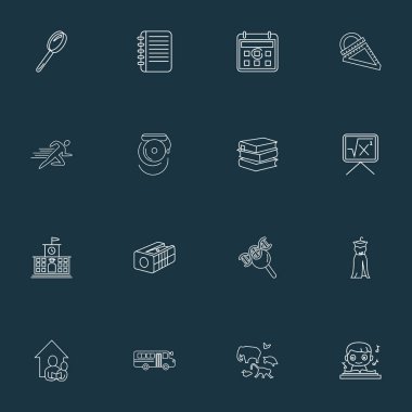 Eğitim simgeler stil cetvel, müzik, matematik ve diğer aile öğeleri ile kümesi satır. İzole illüstrasyon eğitim simgeler.