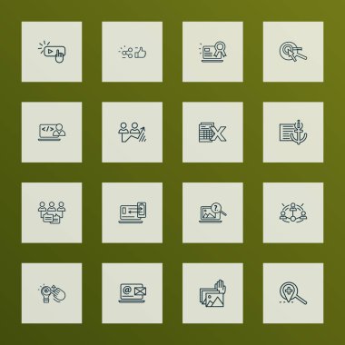 Simgeler çizgi stili fotoğraf sunumu, duyarlı tasarım, anahtar kelime araştırma ve diğer kayıt öğeleri ile arama. İzole illüstrasyon arama simgeler.