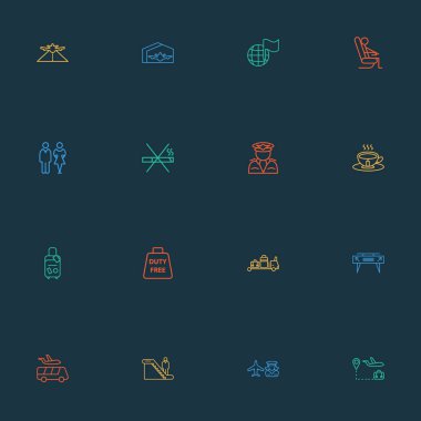 Simgeler çizgi stili seyahat dünya bayrak, gates, Havaalanı ve diğer Kaptan öğeleri ile ayarlayın. İzole illüstrasyon simgeler seyahat.