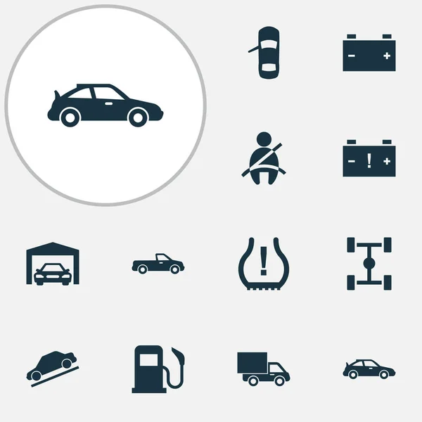 Automobile icons set with seat belt not on, hill descent, van and other carriage elements. Isolated  illustration automobile icons.