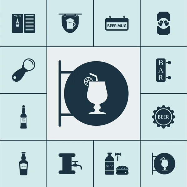 Conjunto de iconos de bebidas con vino con hamburguesa, letrero, libro de pub y otros elementos colgantes de la pancarta. Iconos de bebida de ilustración aislada . — Foto de Stock