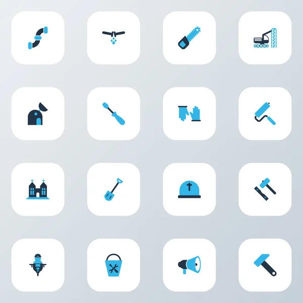 Costruzione icone colorate set con utensili secchio, martello, osservatorio e altri elementi idraulici. Isolate icone di costruzione illustrazione . — Foto Stock