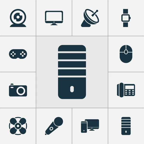 Elektronika ikony Ustaw z joystickiem, satelitarne, kamery i inne kliknij elementy. Ilustracja na białym tle elektronika ikony. — Zdjęcie stockowe