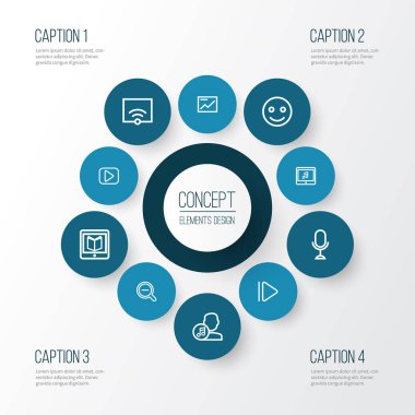 Müzik simgeleri stil ile vınlamak dışarı, emoji, wifi ve diğer gülümseme öğeleri kümesi satır. İzole vektör illüstrasyon müzik simgeleri.