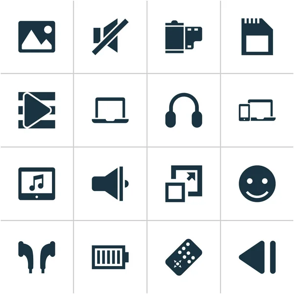 Ícones de música conjunto com emoji, filme, ampliar e outros elementos dispositivos. Ícones de música de ilustração vetorial isolado . — Vetor de Stock