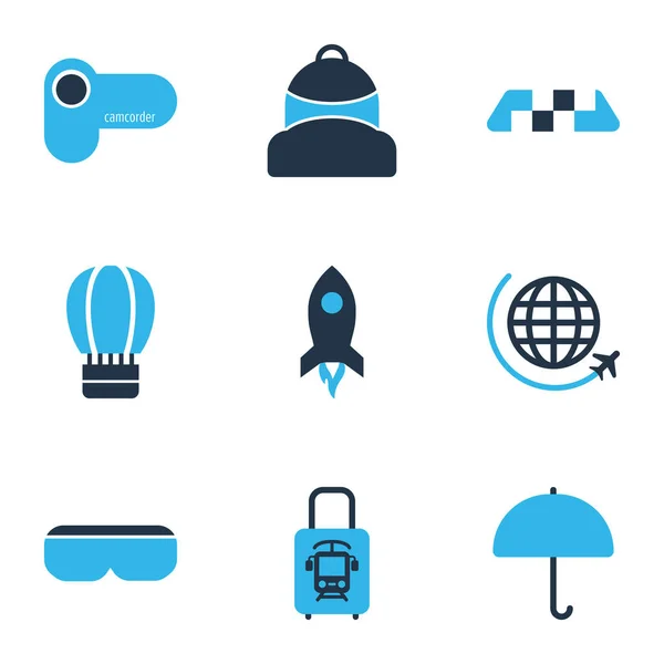 Icônes de tourisme colorées ensemble avec vol, taxi, ballon et autres éléments de cartable. Illustration vectorielle isolée icônes du tourisme . — Image vectorielle