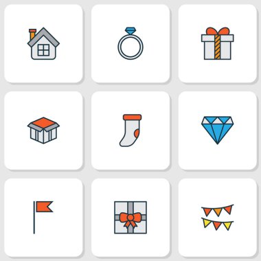 Noel simgeleri renkli çizgi elmas, kiraz kuşu, bayrak ve diğer var olan öğeleri ile ayarlayın. İzole illüstrasyon Noel simgeler.