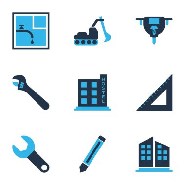 Sanayi simgeler kümesi yüksek binaların, kalem, tarak ve diğer grafit öğeleri ile renkli. İzole illüstrasyon sanayi simgeleri.