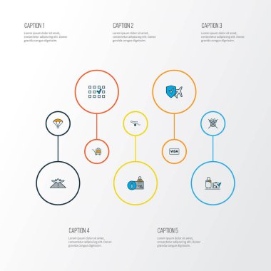 Simgeler renkli çizgi koltuk seçimi, hayvan yok, evrak çantası ve diğer dur evde beslenen hayvan öğeleri ile seyahat. İzole illüstrasyon seyahat simgeler.