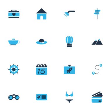 Turizm simgeler kahve, dağlar, bavul erkek ve diğer havayolu geçmek öğeleri kümesiyle renkte. İzole illüstrasyon Turizm simgeler.