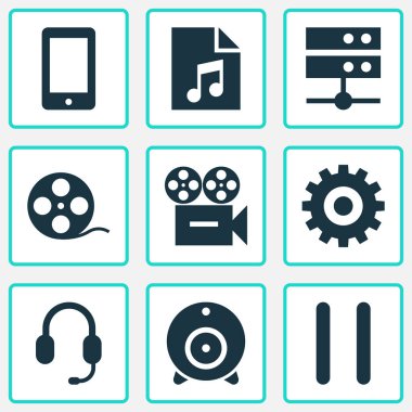 Multimedya simgeler pause, web kamerası, şarkı listesi ve video diğer öğeleri ile ayarlayın. İzole illüstrasyon multimedya simgeler.