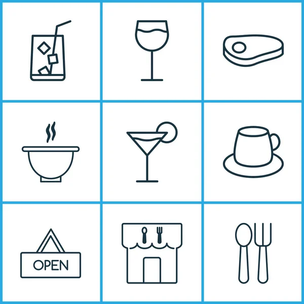 Ícones de café com sopa, vinho, martini e outros elementos de bife. Ícones de café ilustração isolada . — Fotografia de Stock