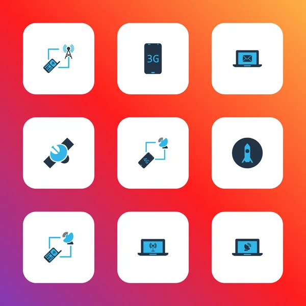 Icone di comunicazione colorate con messaggistica, torre con telefono, satellite e altri elementi gadget. Isolate icone di comunicazione illustrazione . — Foto Stock