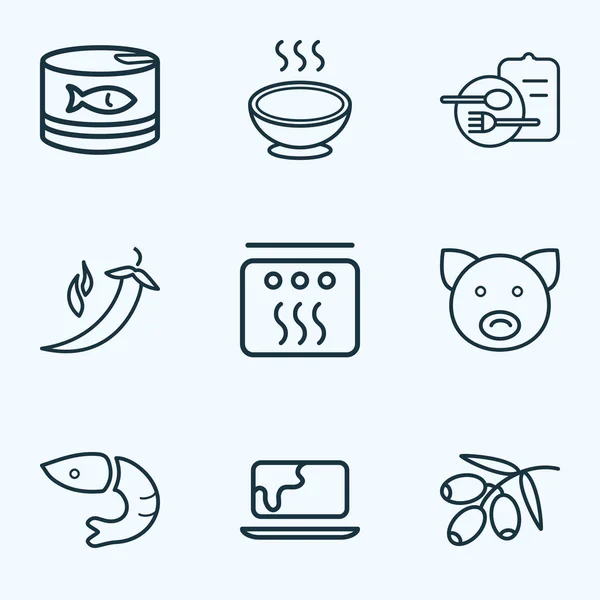 Comer iconos de línea de estilo conjunto con menú, lata de atún, pimienta y otros elementos de cerdo. Iconos aislados para comer ilustración . —  Fotos de Stock
